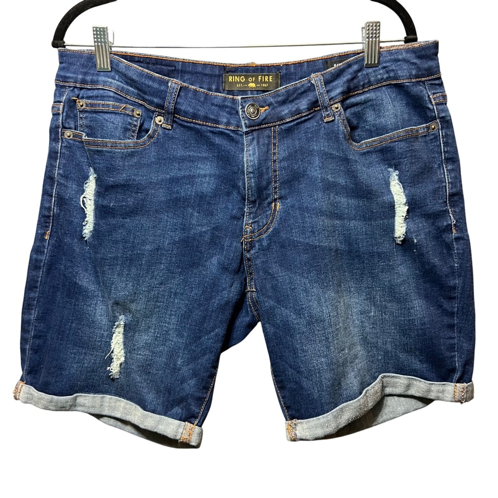 Ring of Fire Mens Shorts Size 32 Distressed Blue Denim Cuffed Casual Dark Wash